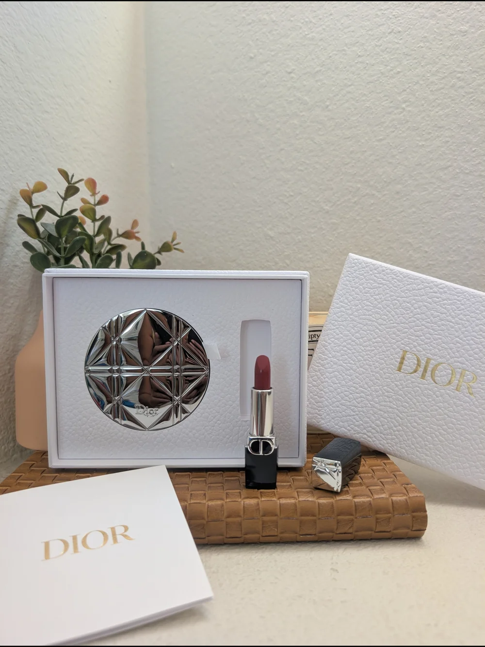 Dior Silver Cannage Pocket Mirror & Mini Rouge Dior Lipstick GWP